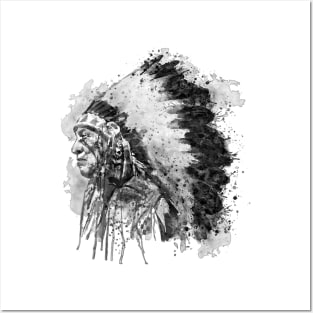 Black and White Watercolor Portrait-Native American Chief Profile Posters and Art